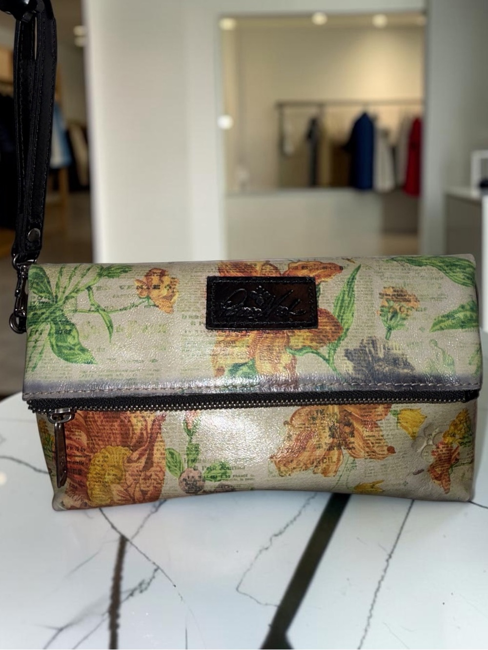 Patricia Nash Floral Foldover Wristlet Clutch in Beige, Green & Orange